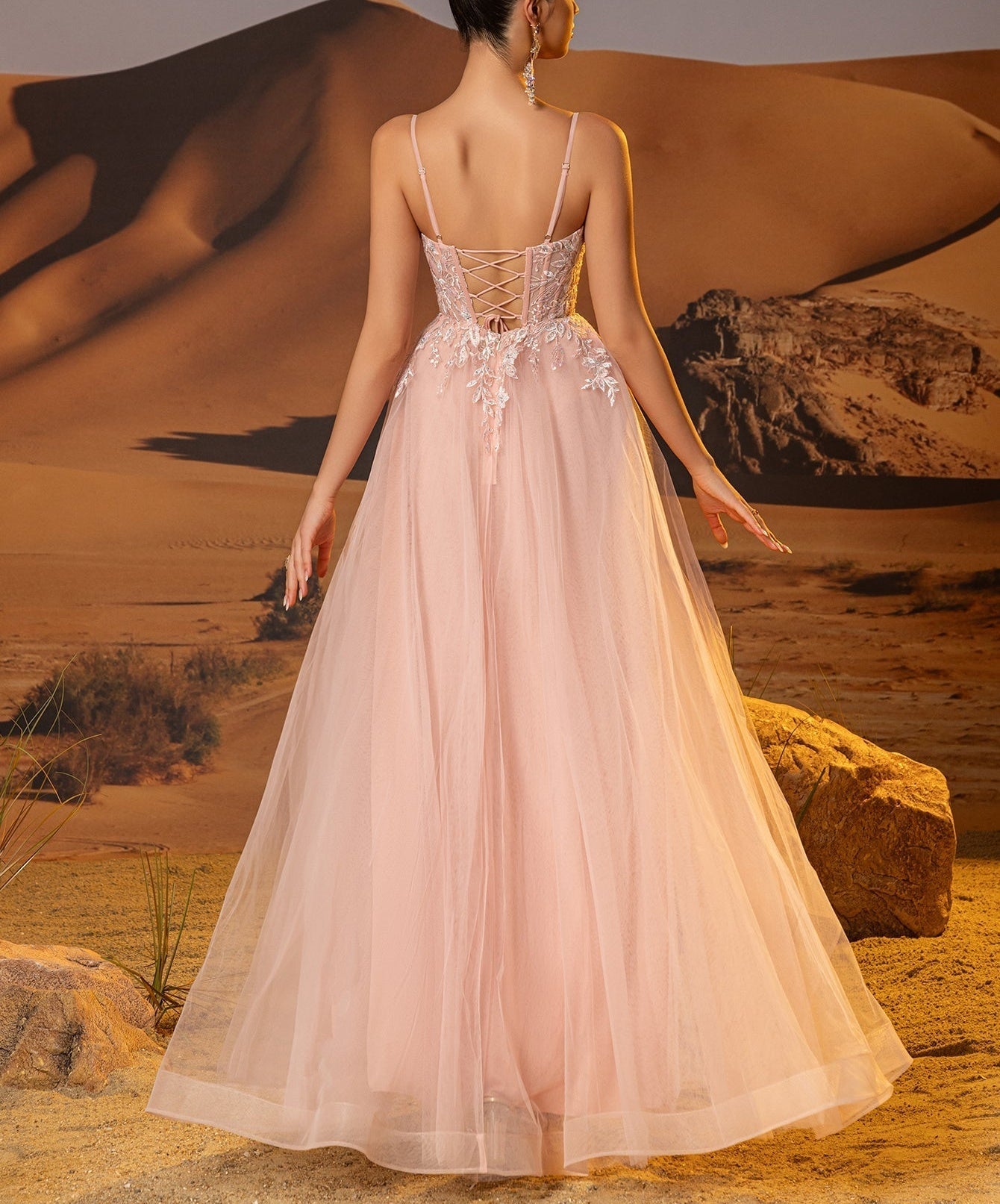 Illusion Bodice Leaf Lace Ball Gown Prom Dress - Pink