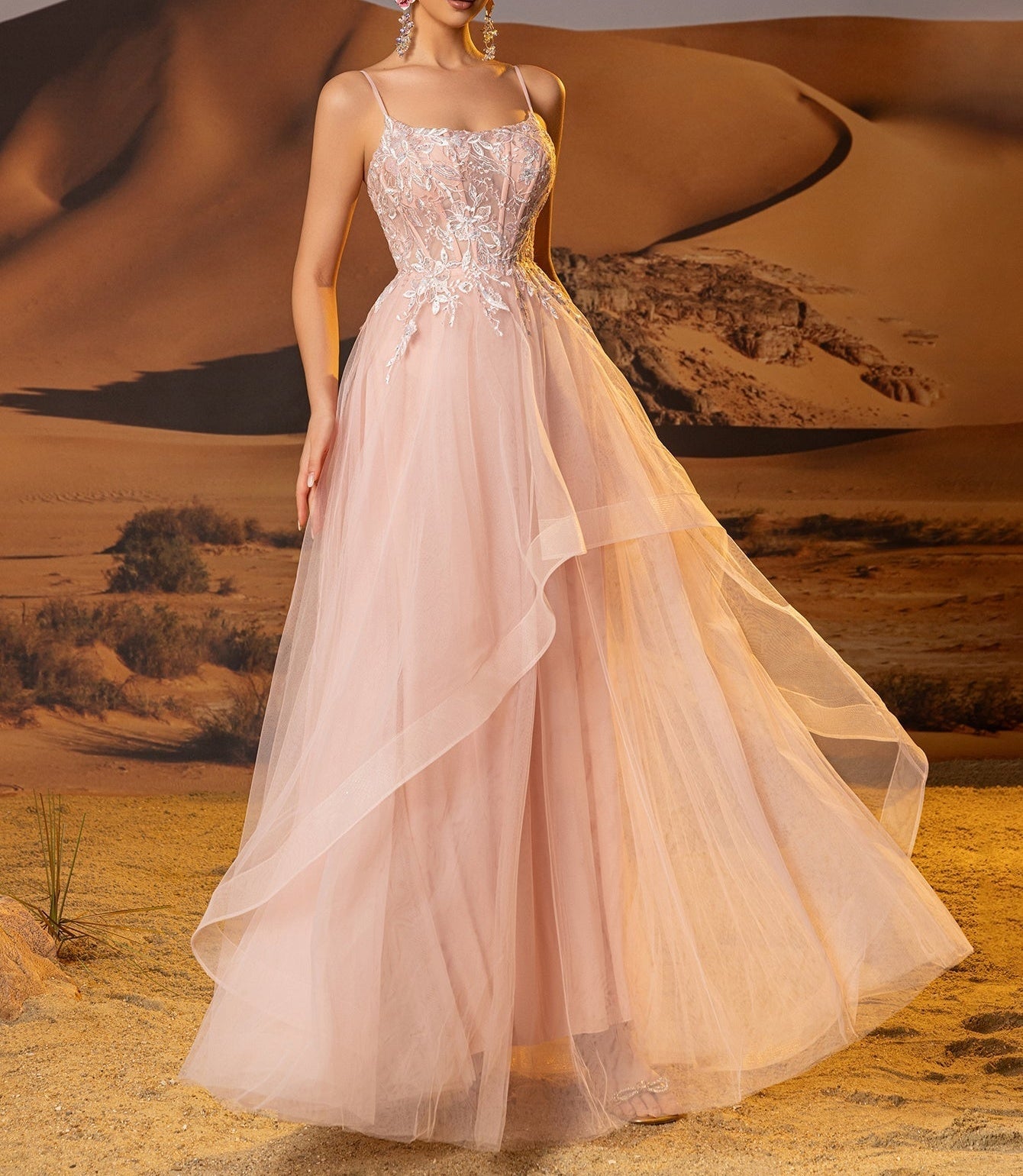 Illusion Bodice Leaf Lace Ball Gown Prom Dress - Pink