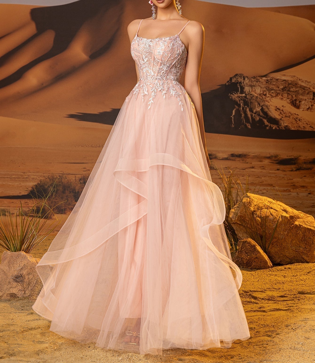 Illusion Bodice Leaf Lace Ball Gown Prom Dress - Pink