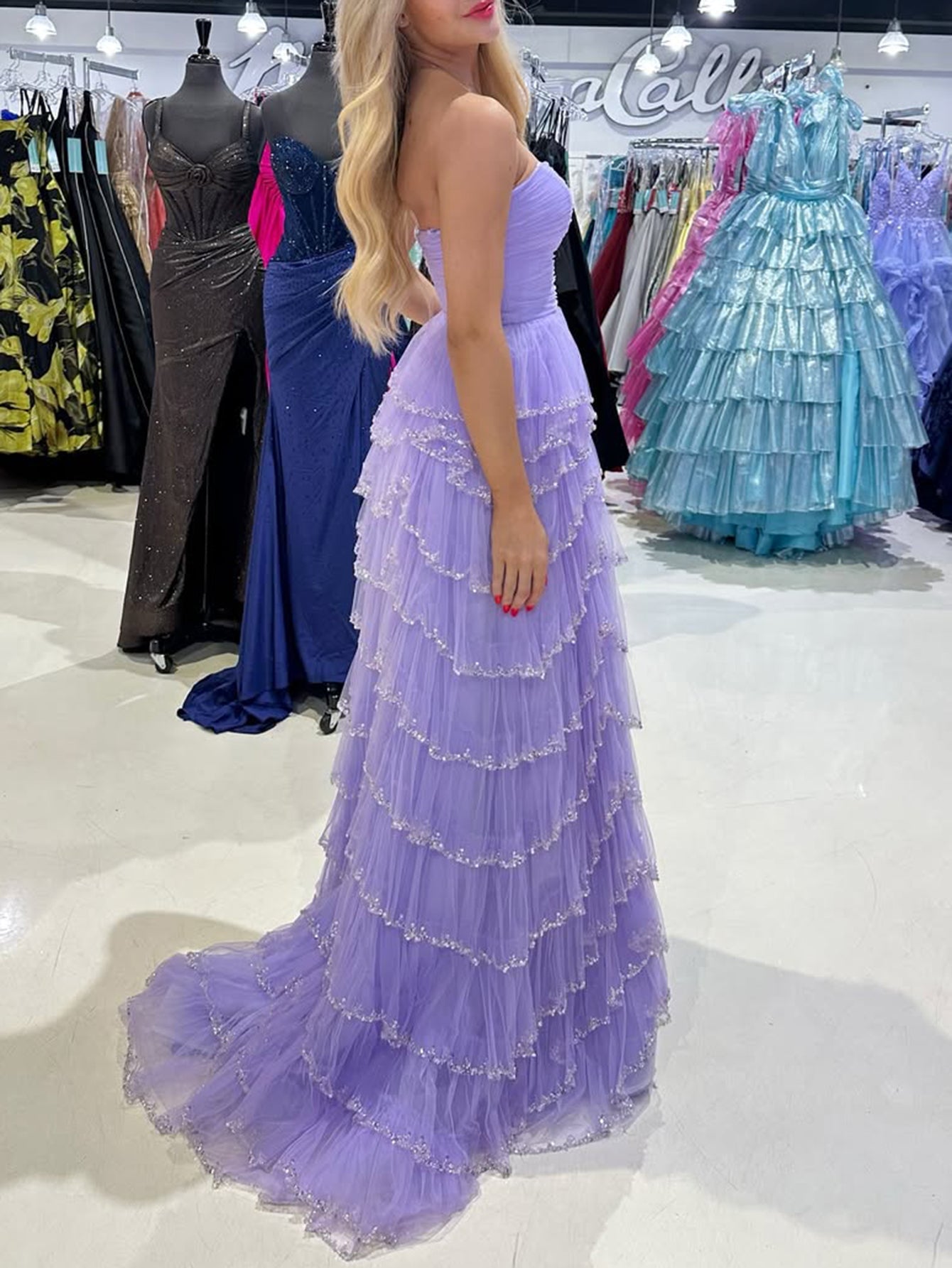 Strapless Pleates Beaded Tiered Prom Dress With Split - Lilac