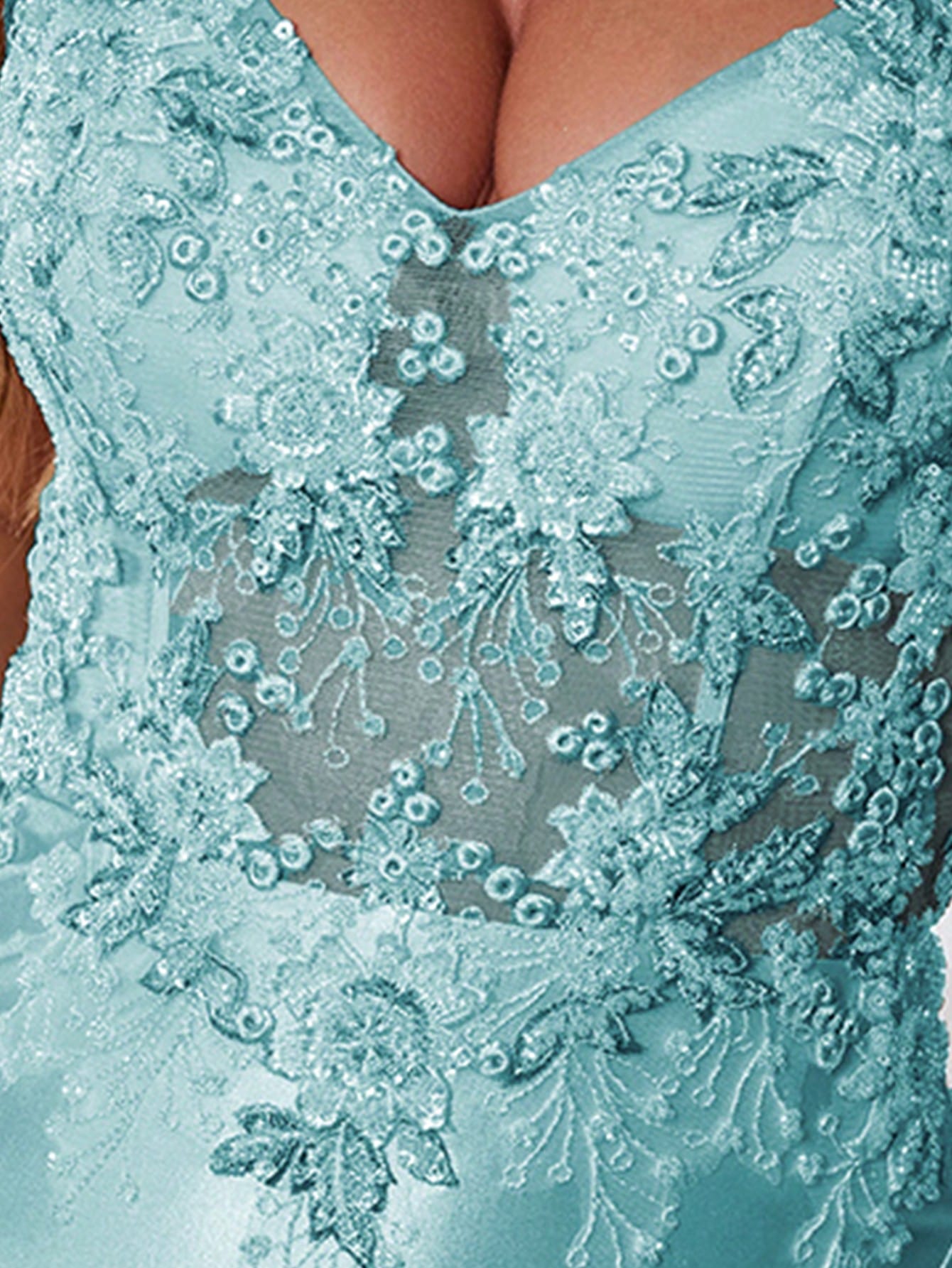 Lace Embroidery Sheer Bodice Spaghetti Strap Mermaid Prom Dress - Mint Green