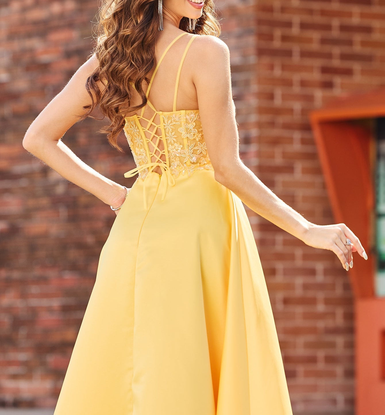 Sheer Bodice Beaded A-Line Prom Dress With Slit - Yellow