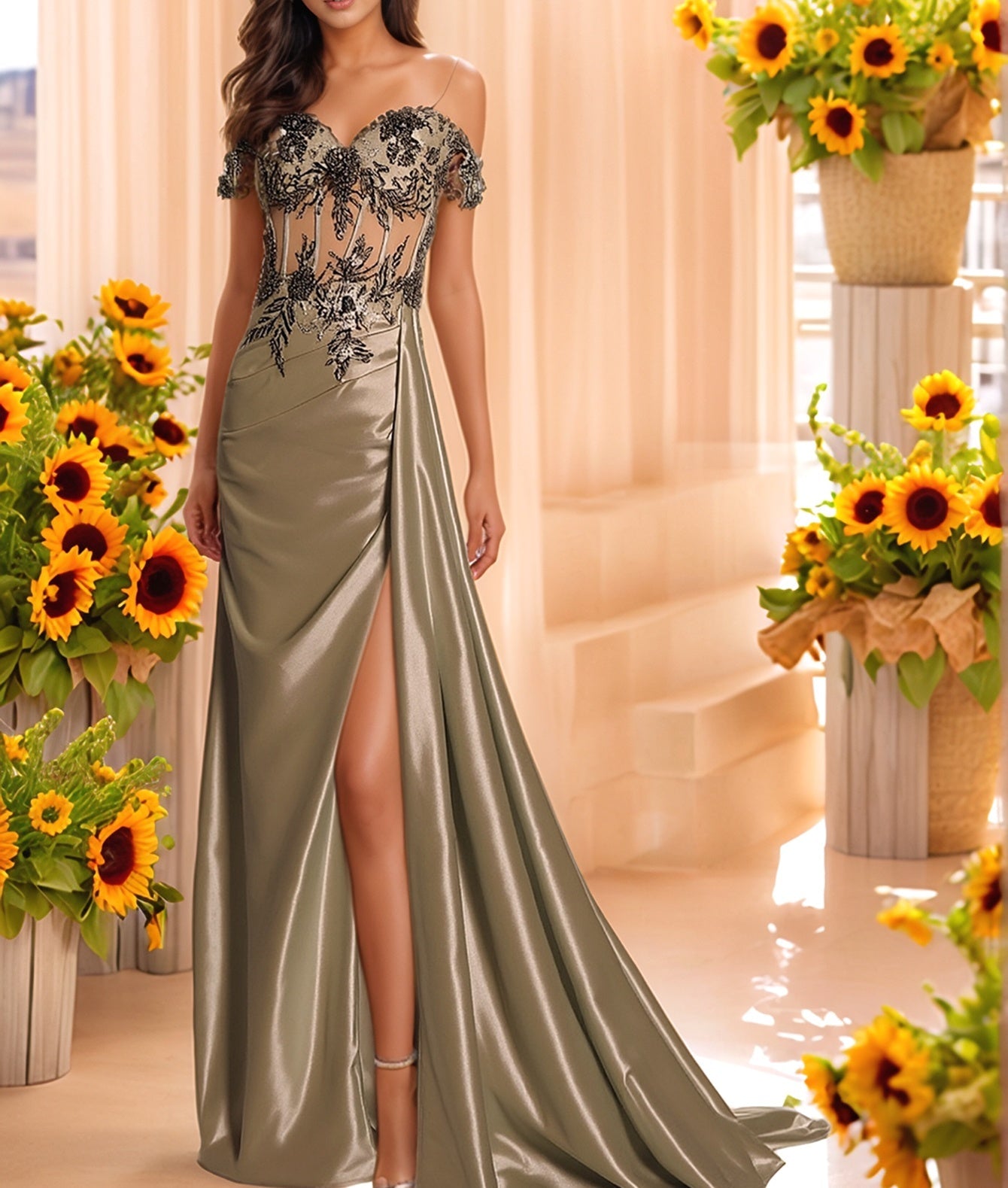 Off Shoulder Sheer Bodice Mermaid Prom Dress With Boned - Sage Green