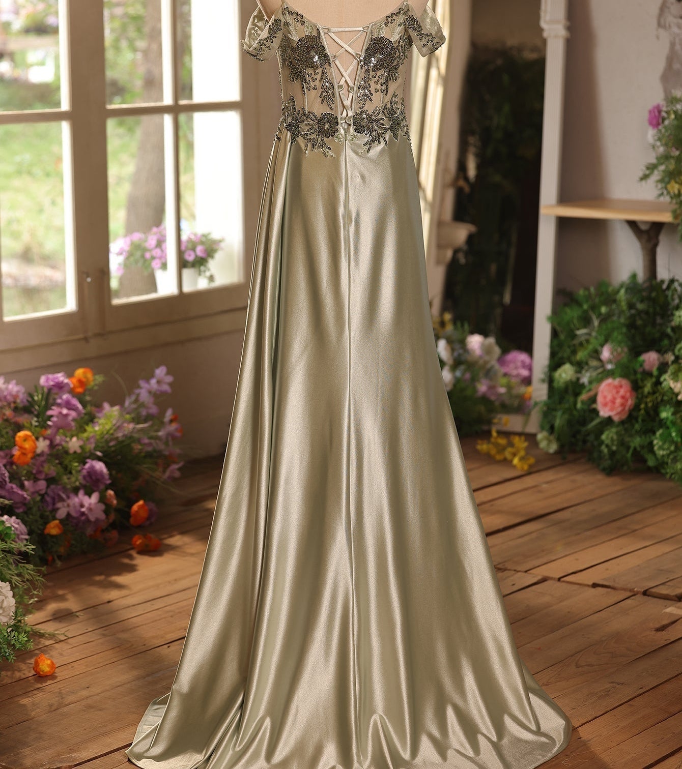 Off Shoulder Sheer Bodice Mermaid Prom Dress With Boned - Sage Green