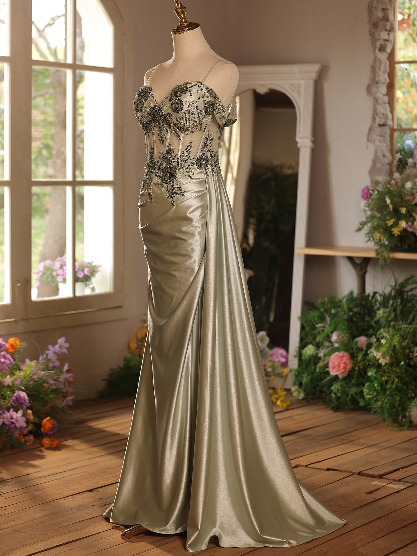 Off Shoulder Sheer Bodice Mermaid Prom Dress With Boned - Sage Green