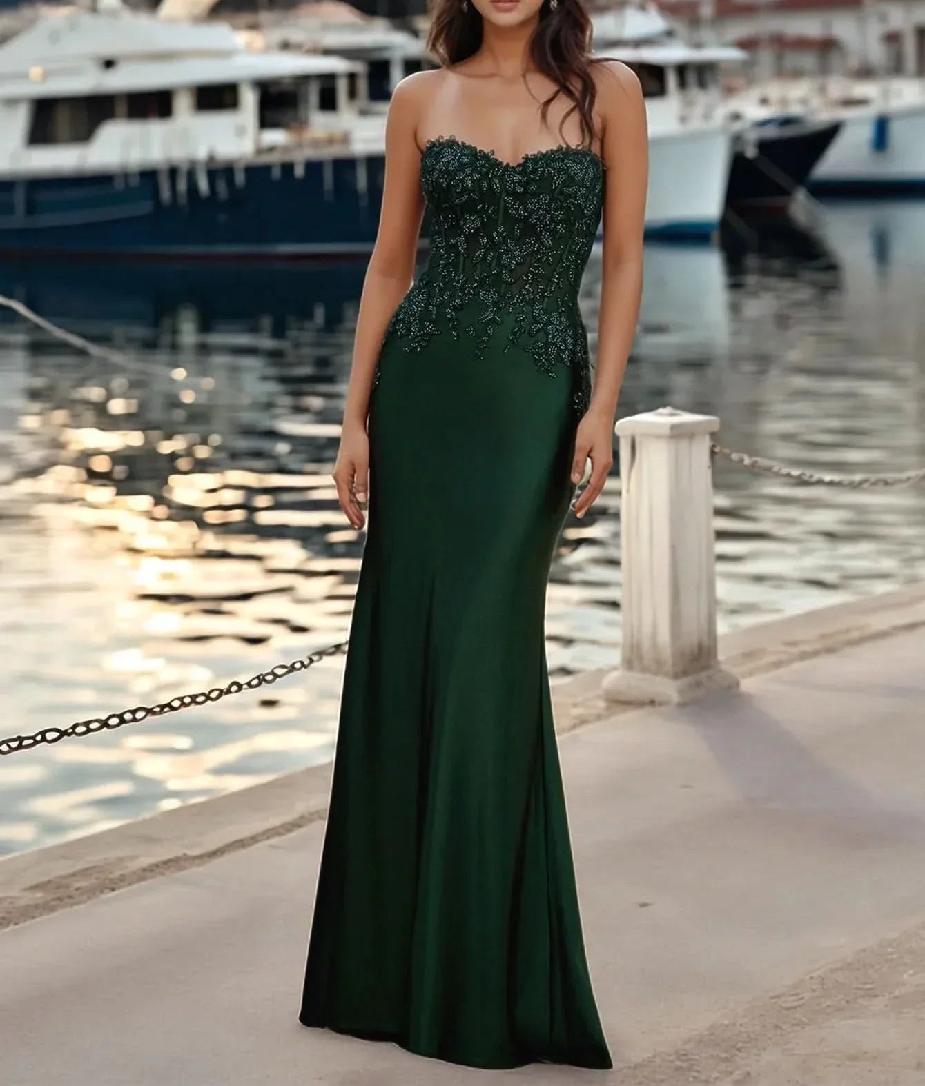 Lace Beaded Illusion Strapless Mermaid Prom Dress - Emerald Green