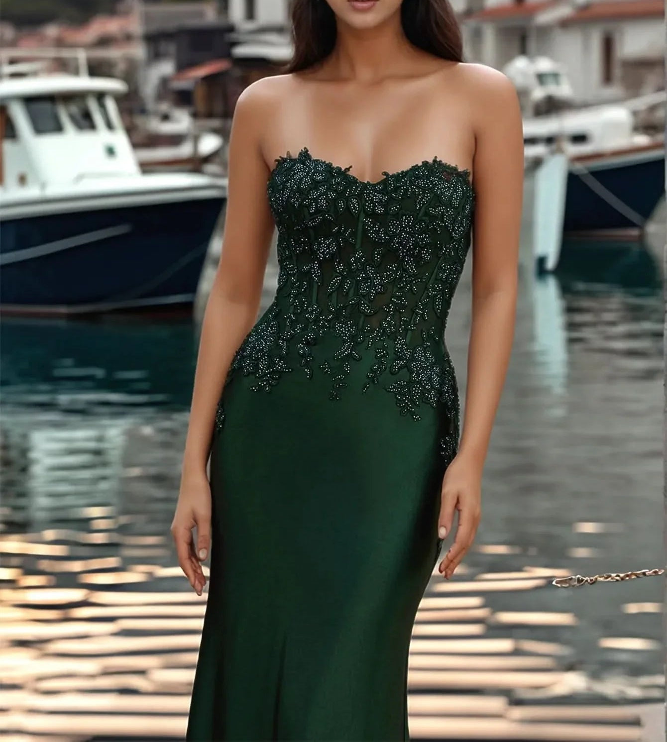 Lace Beaded Illusion Strapless Mermaid Prom Dress - Emerald Green