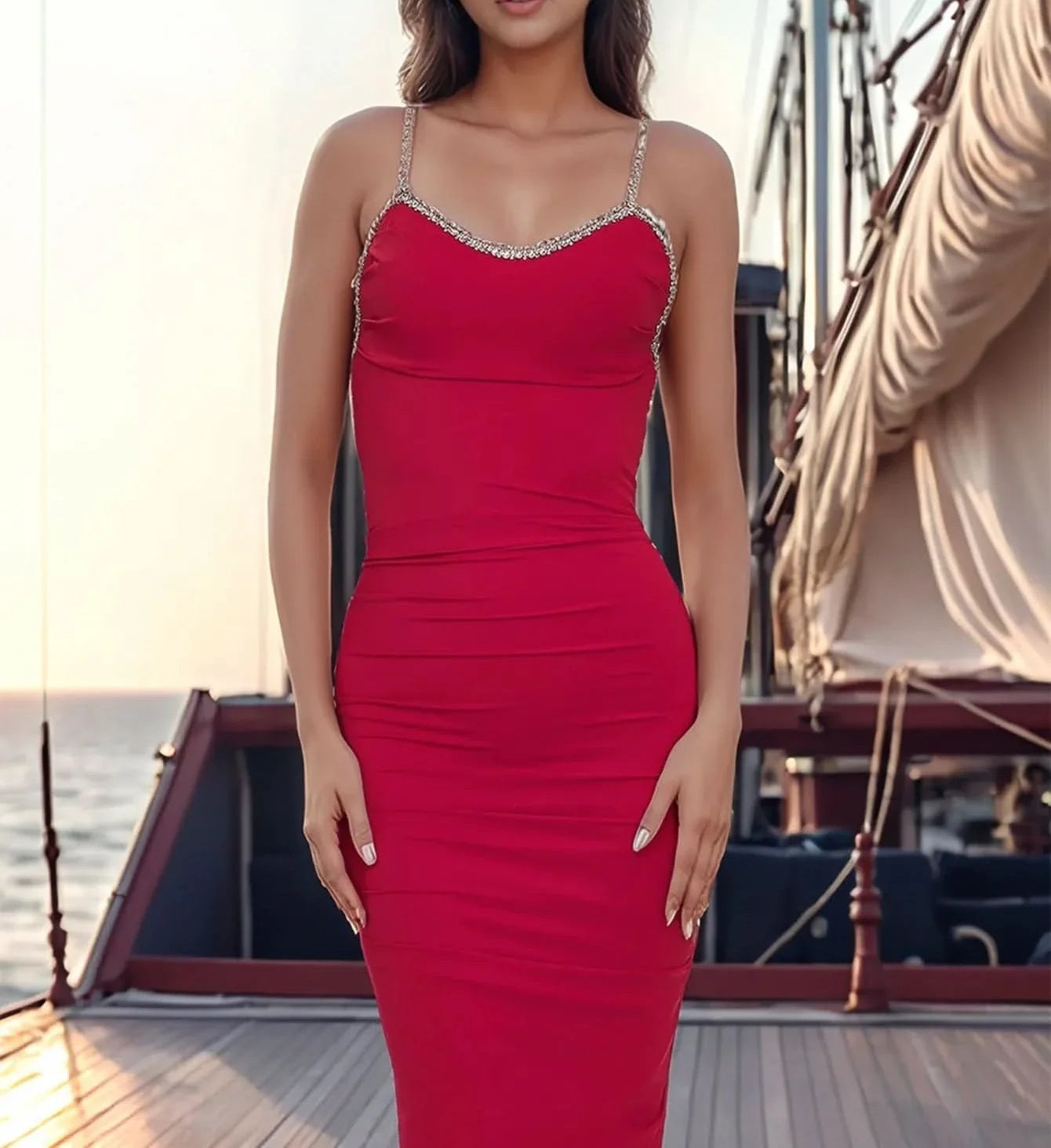 Spaghetti Strap Crystal Satin Mermaid Prom Dress - Red