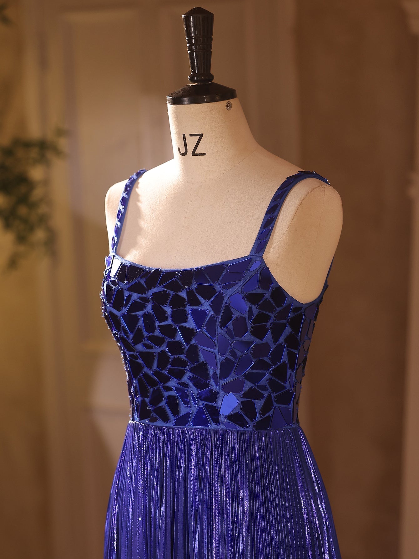 Luxury Metallic Pleats Square A-Line Prom Dress With Slit - Royal Blue