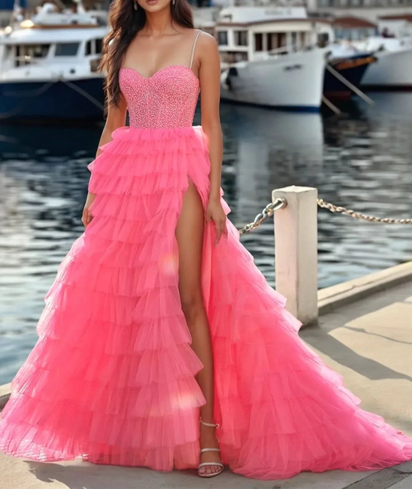 Spaghetti Straps Sequin Sheer Bodice Ball Gown Prom Dress - Dusty Rose