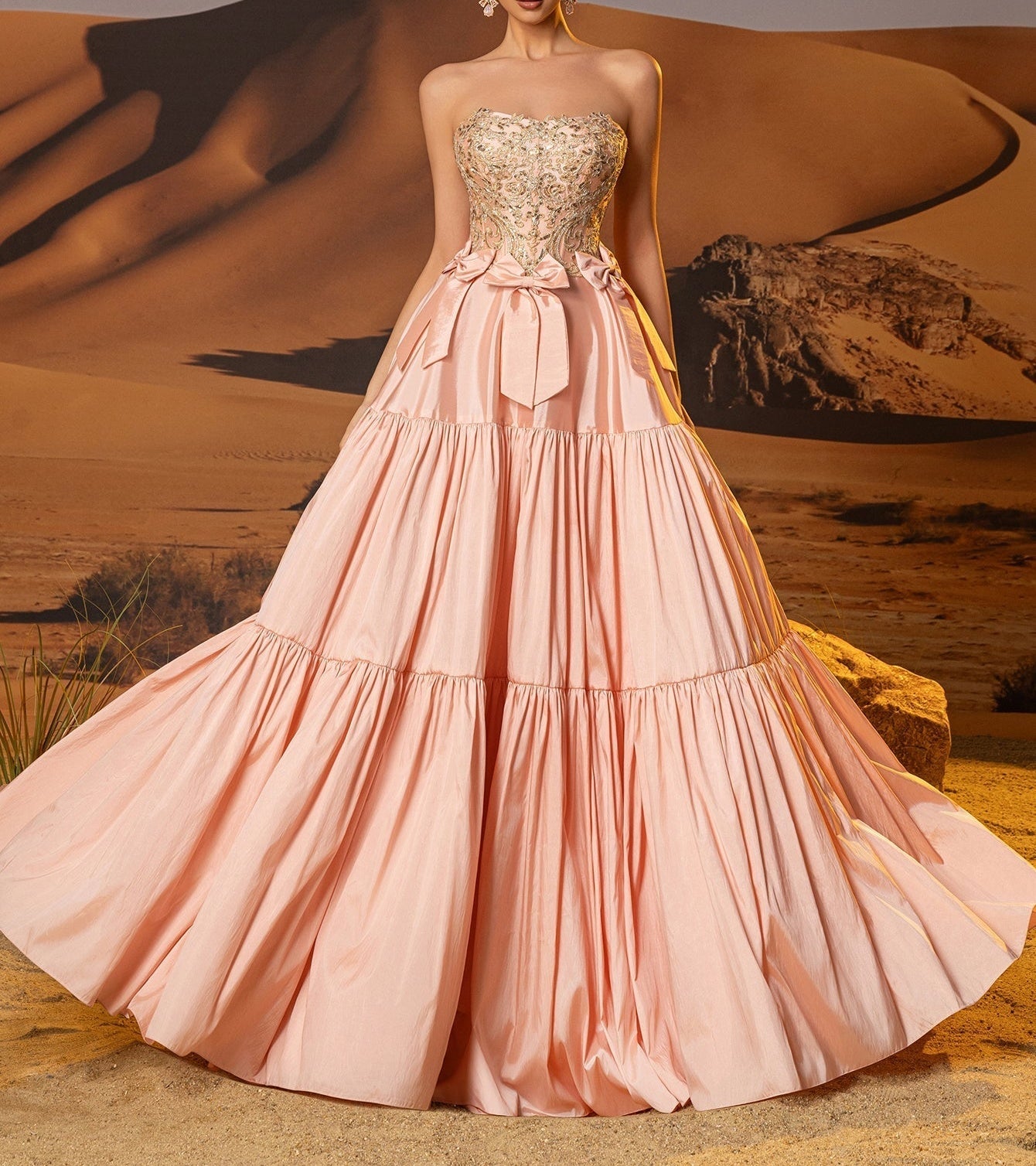Bow Waist Strapless Lace Embroidery Bodice Ruffle Tiered Prom Dress - Dusty Rose
