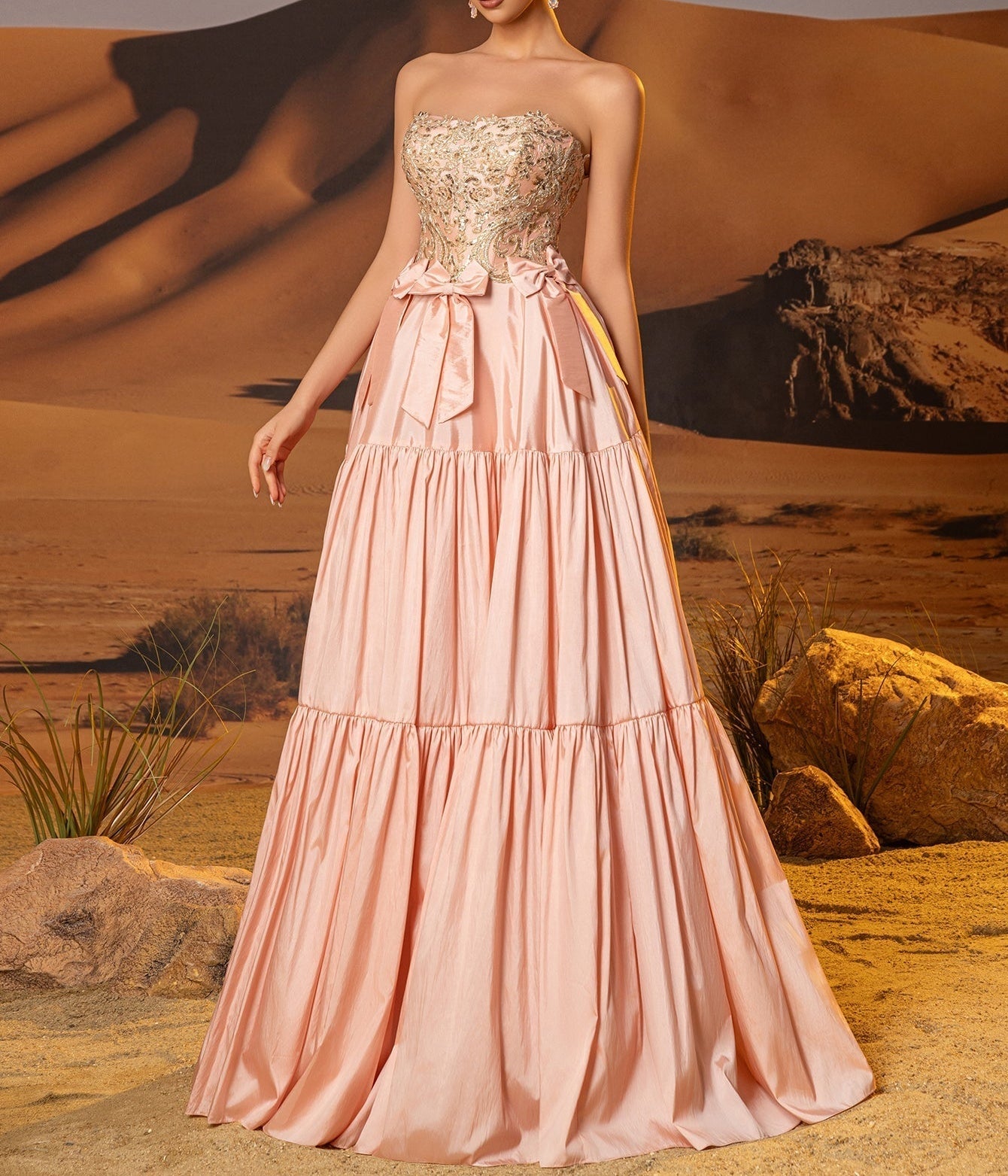 Bow Waist Strapless Lace Embroidery Bodice Ruffle Tiered Prom Dress - Dusty Rose