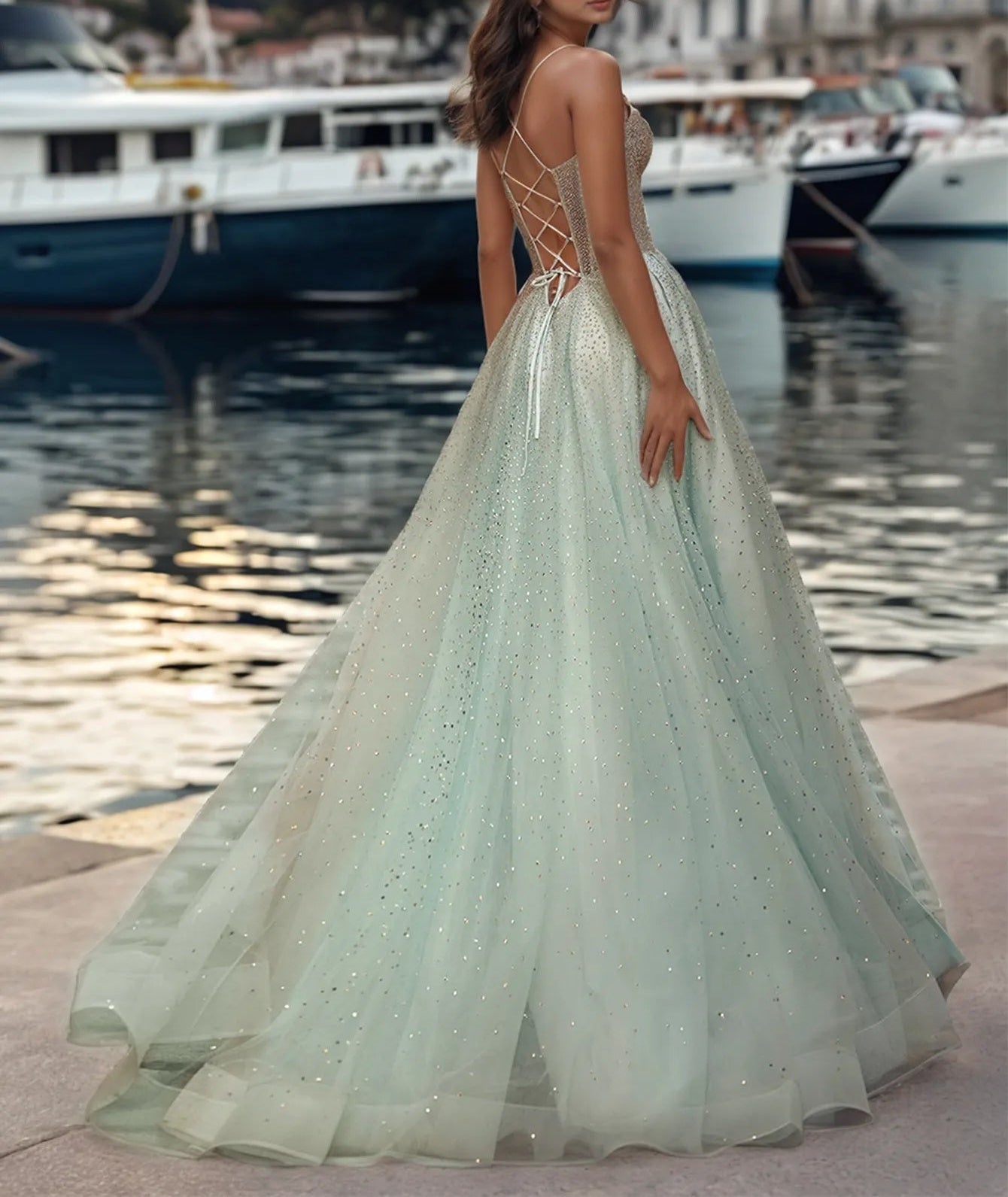 Hot Fix Deep V-Neck Bodice Spaghetti Strap Prom Dress - Sage Green
