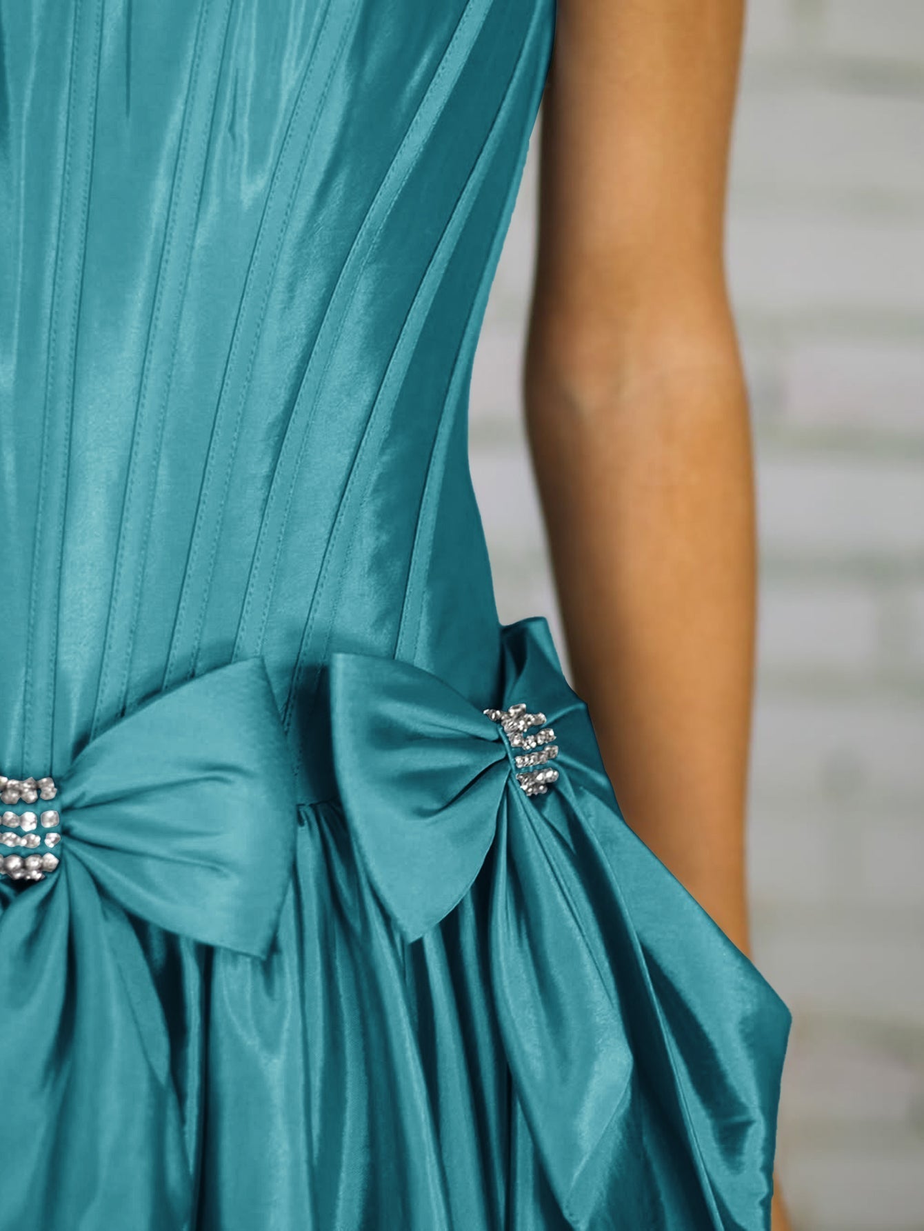 Crystal Boned Strapless Ball Gown Prom Dress With Bow - Turquoise