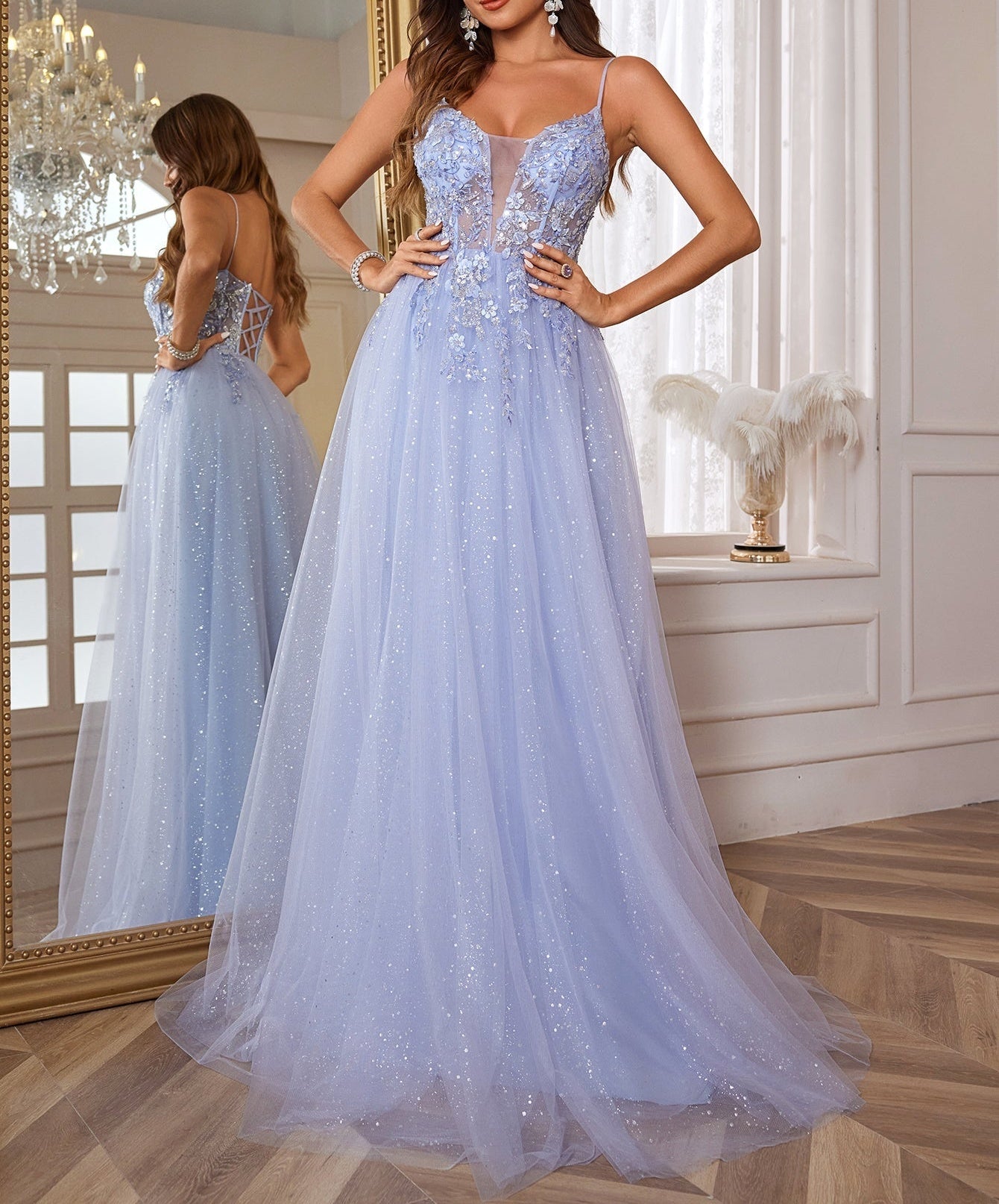 Lace Embroidery Deep V-Neck Boned Illusion Long Prom Dress - Baby Blue