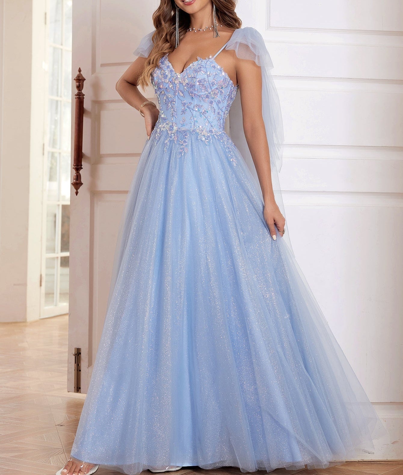 Lace Embroidery A-Line Prom Dress With Bow - Baby Blue