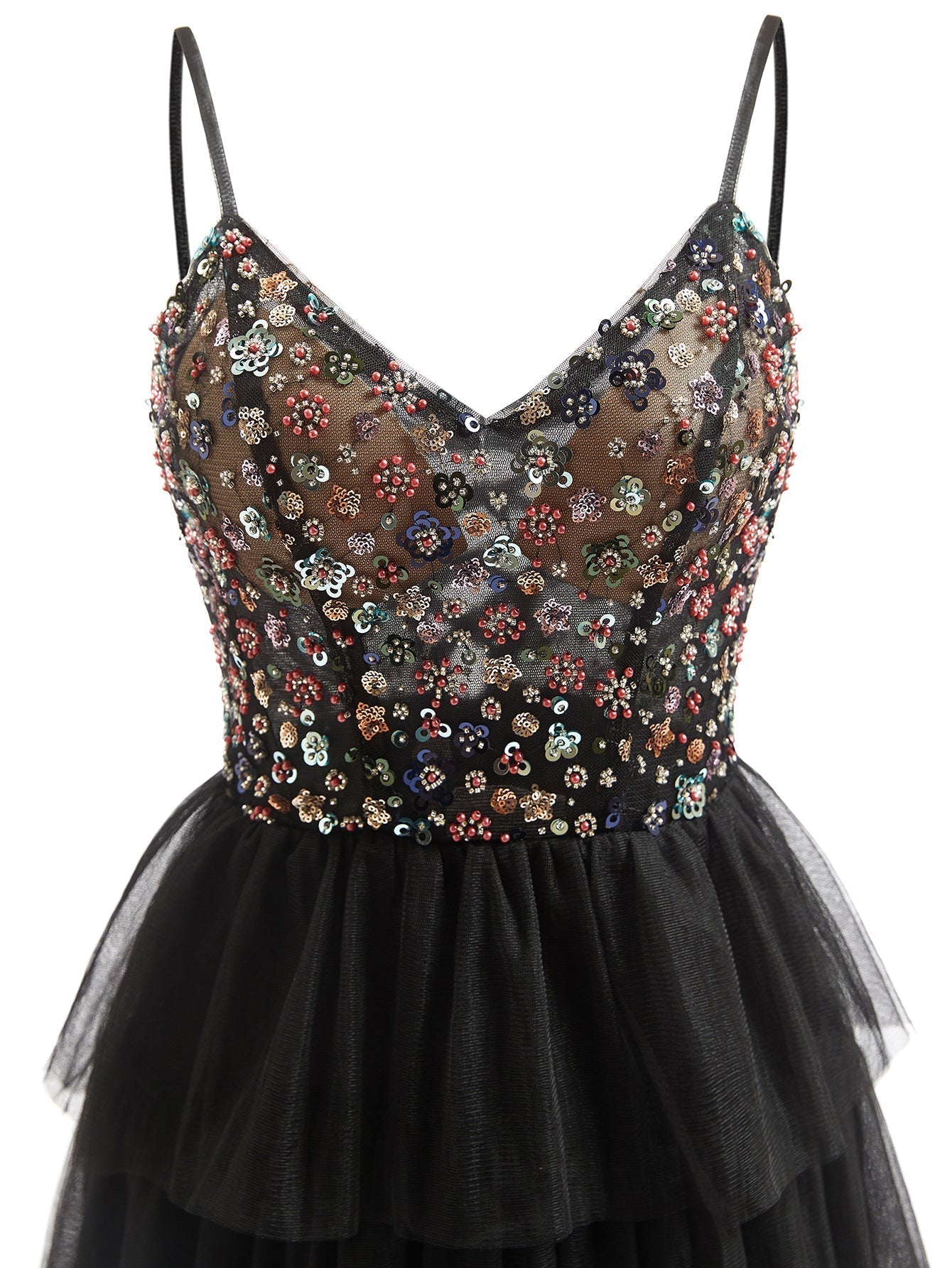 Hand Beading Sheer Bodice Layered Long Prom Dress - Black