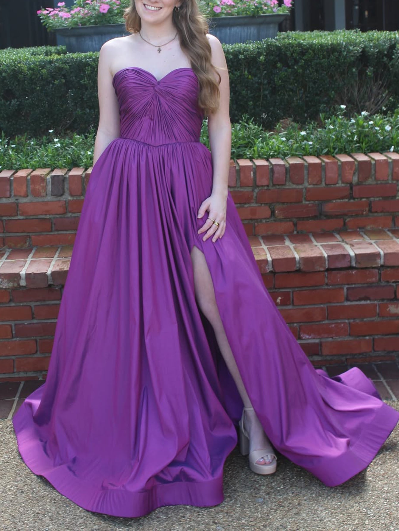 Strapless Satin Pleats Prom Dress With Spilt - Grape