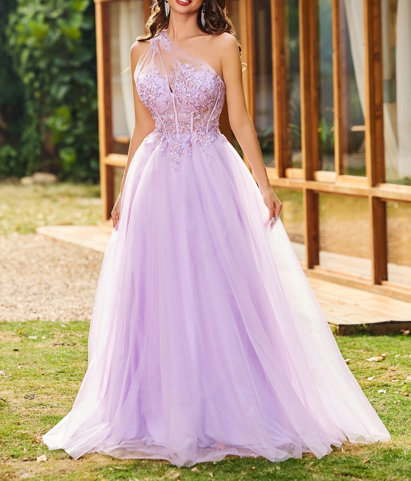 One Shoulder Illusion Bodice Boned Lace Embroidery Ball Gown Prom Dress - Lilac