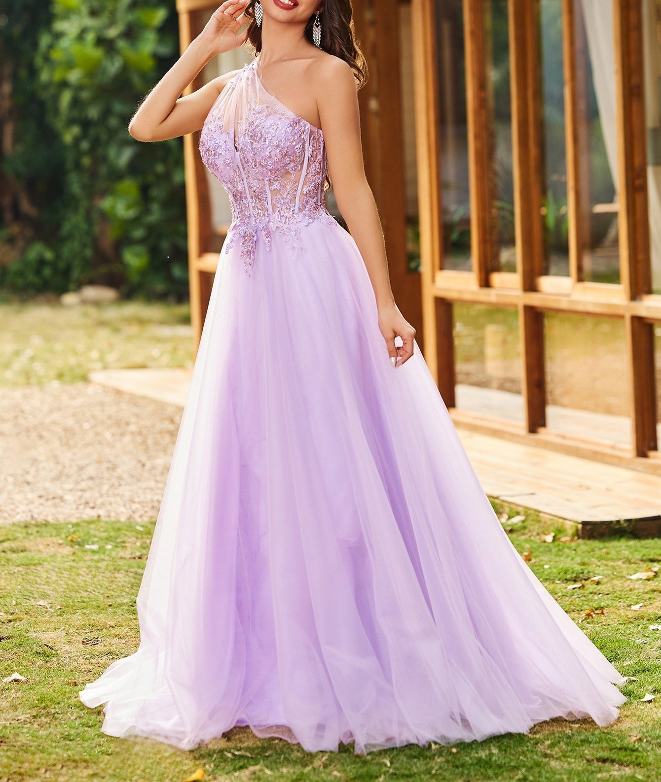 One Shoulder Illusion Bodice Boned Lace Embroidery Ball Gown Prom Dress - Lilac