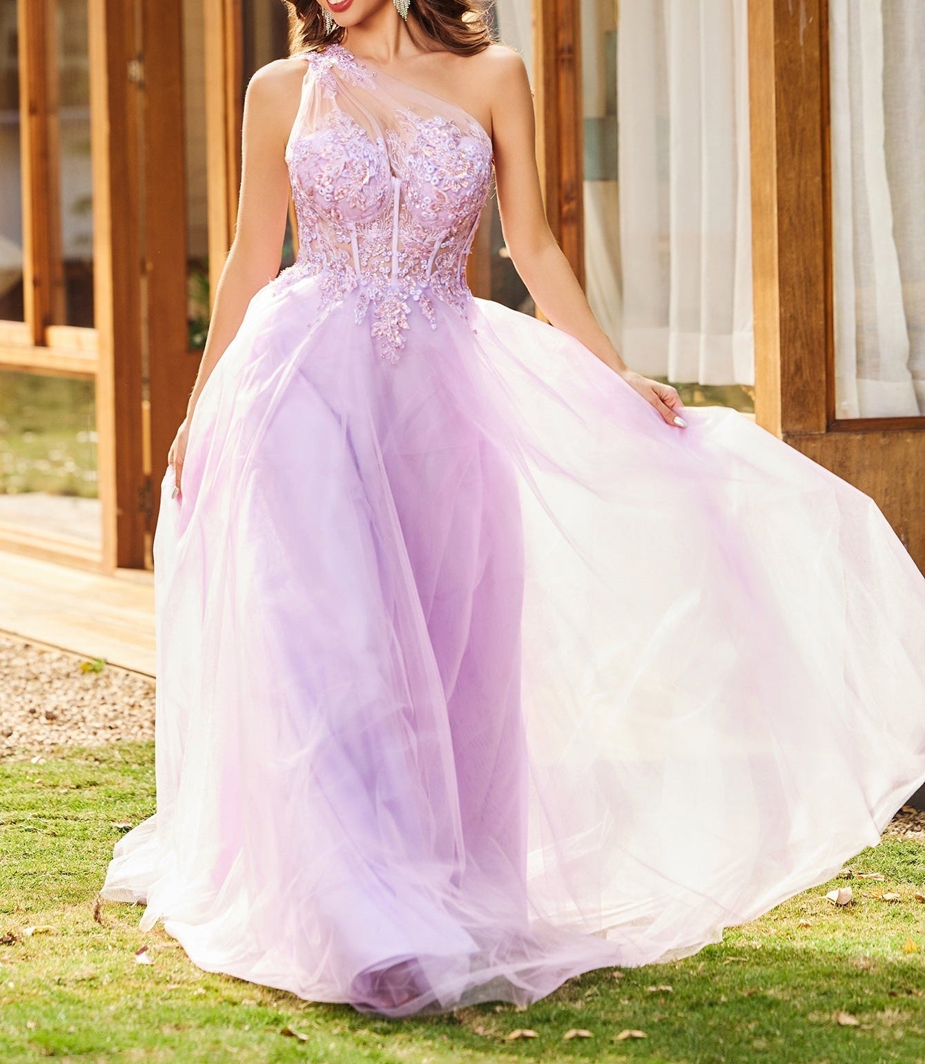 One Shoulder Illusion Bodice Boned Lace Embroidery Ball Gown Prom Dress - Lilac