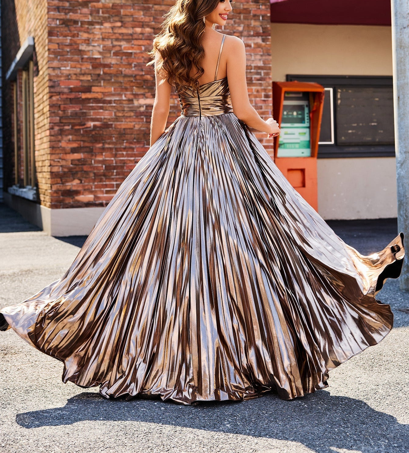 Cut Front Croset Bodice Pleats Ball Gown Prom Dress - Gold