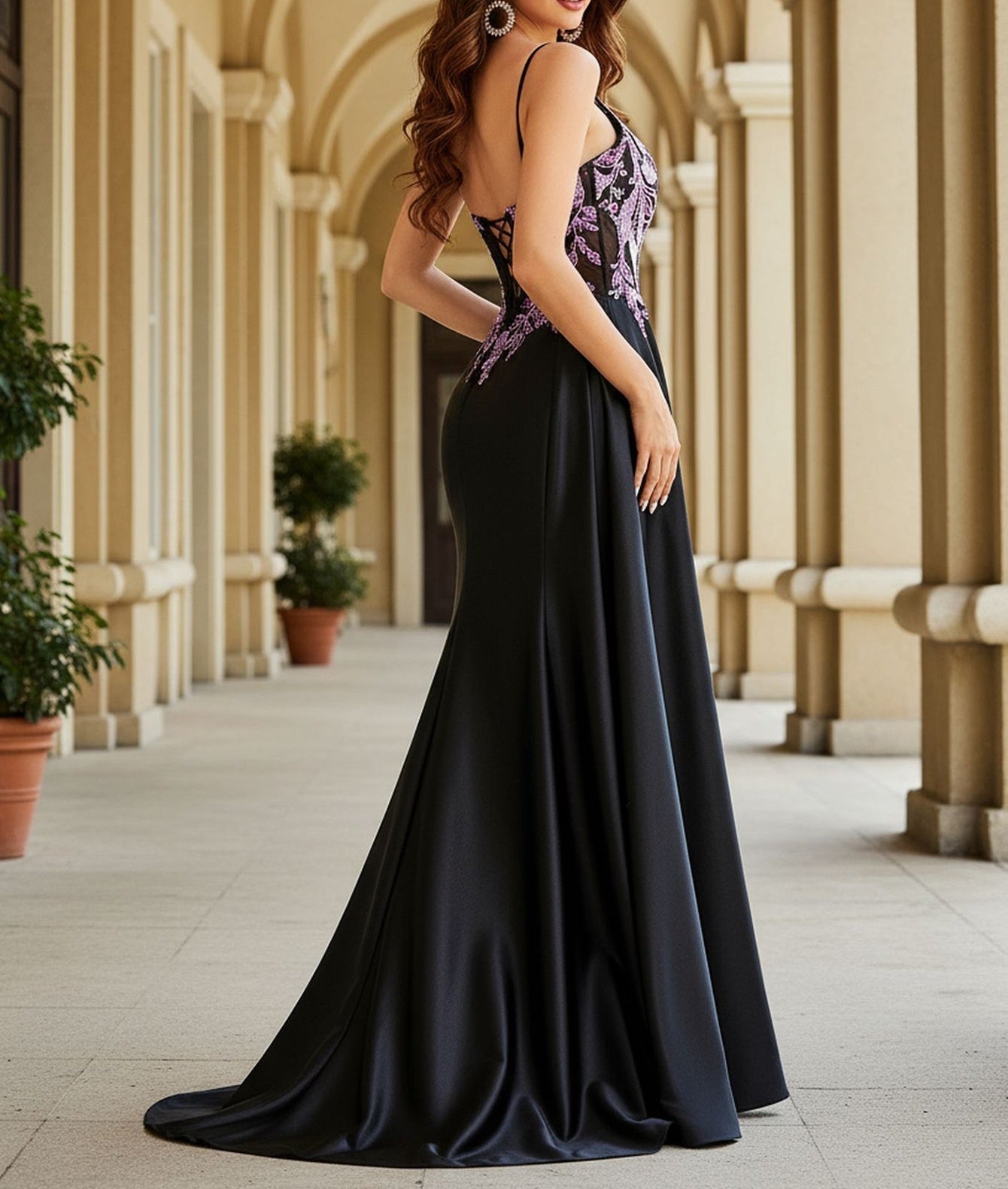 Lace Embroidery Beaded Mermaid Prom Dress With Waist Drop - Black