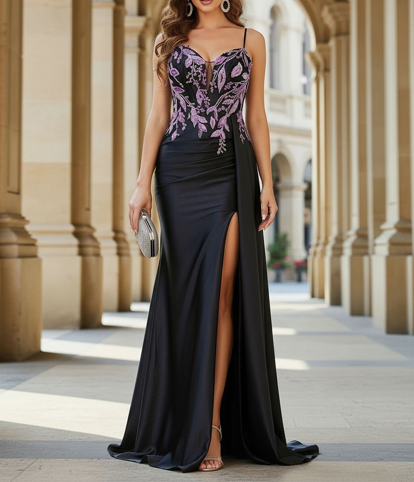Lace Embroidery Beaded Mermaid Prom Dress With Waist Drop - Black