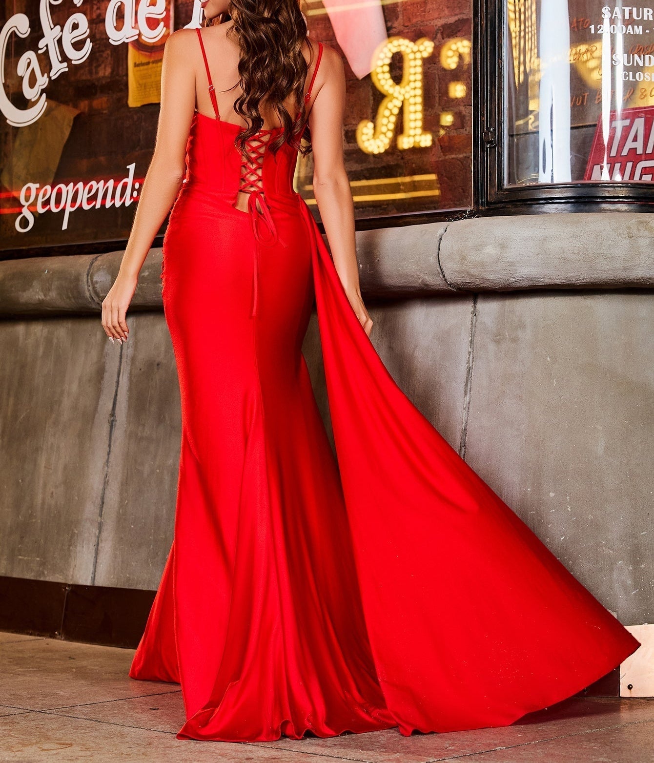 Hot Fix Boned Waist Drop Satin Mermaid Prom Dress Long - Red
