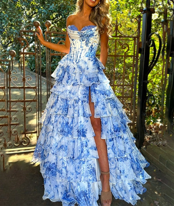 Pink A-Line Strapless Sweetheart Print Tiered Tulle Long Prom Dress with Slit