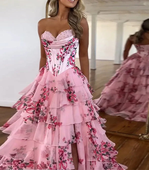 Pink A-Line Strapless Sweetheart Print Tiered Tulle Long Prom Dress with Slit