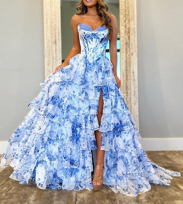 Pink A-Line Strapless Sweetheart Print Tiered Tulle Long Prom Dress with Slit