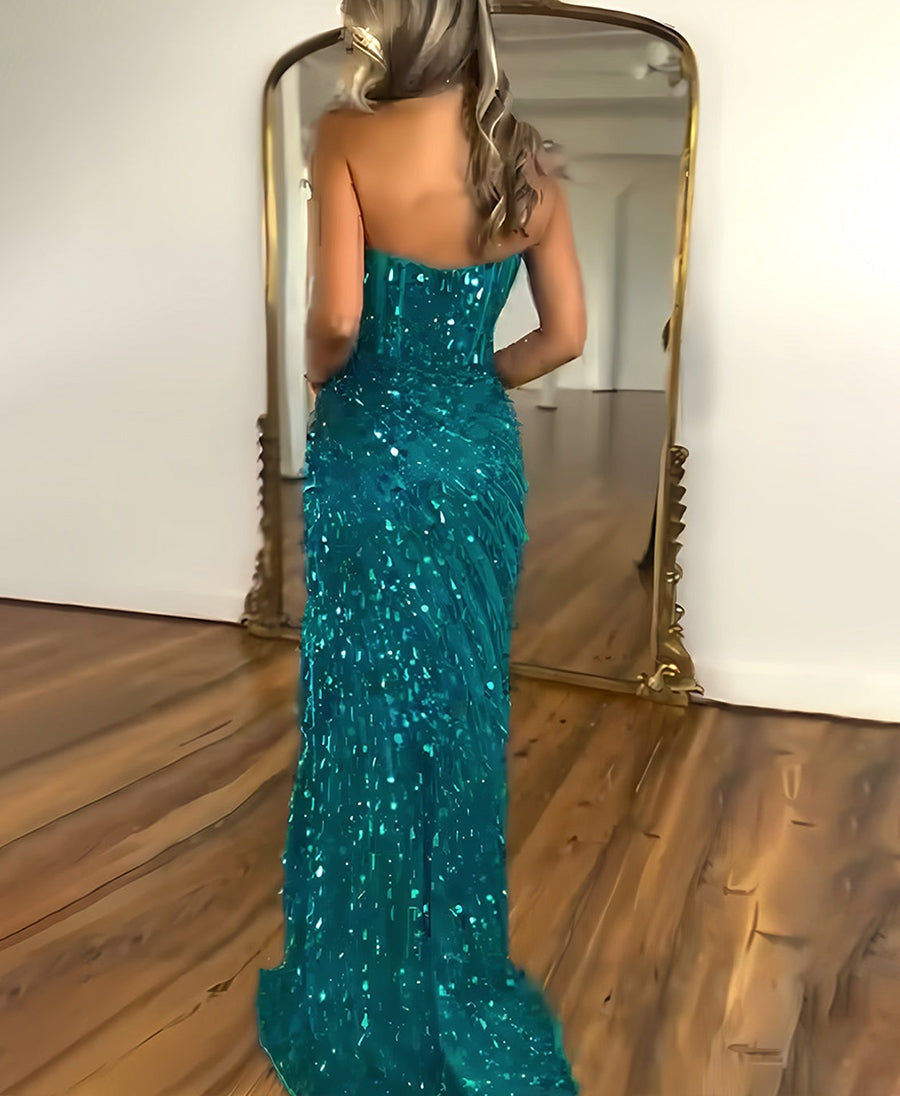 Sweetheart Mermaid Sequins Long Prom Dress with Slit