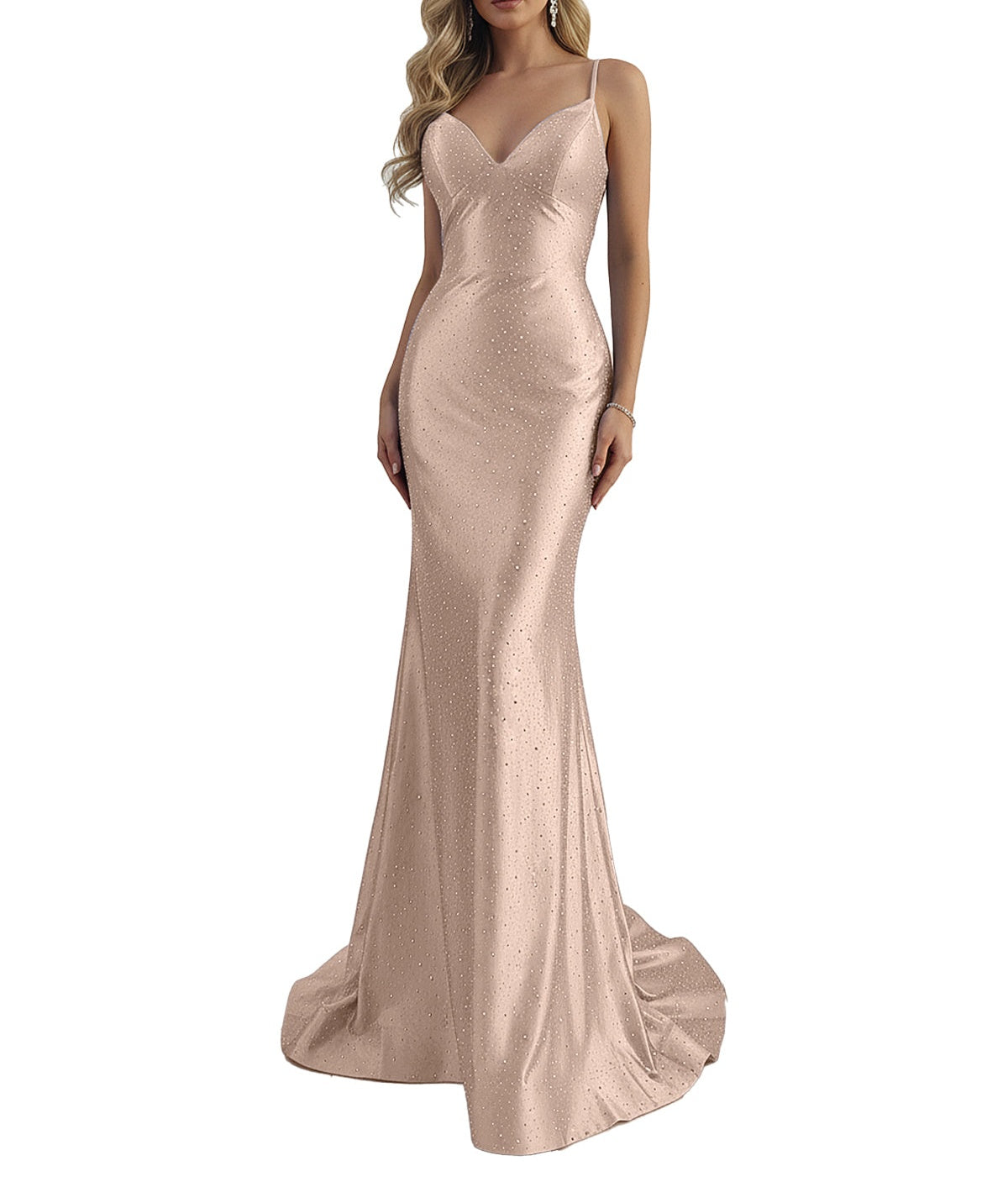 Blue Mermaid Spaghetti Straps V-Neck Rhinestone Long Prom Dress