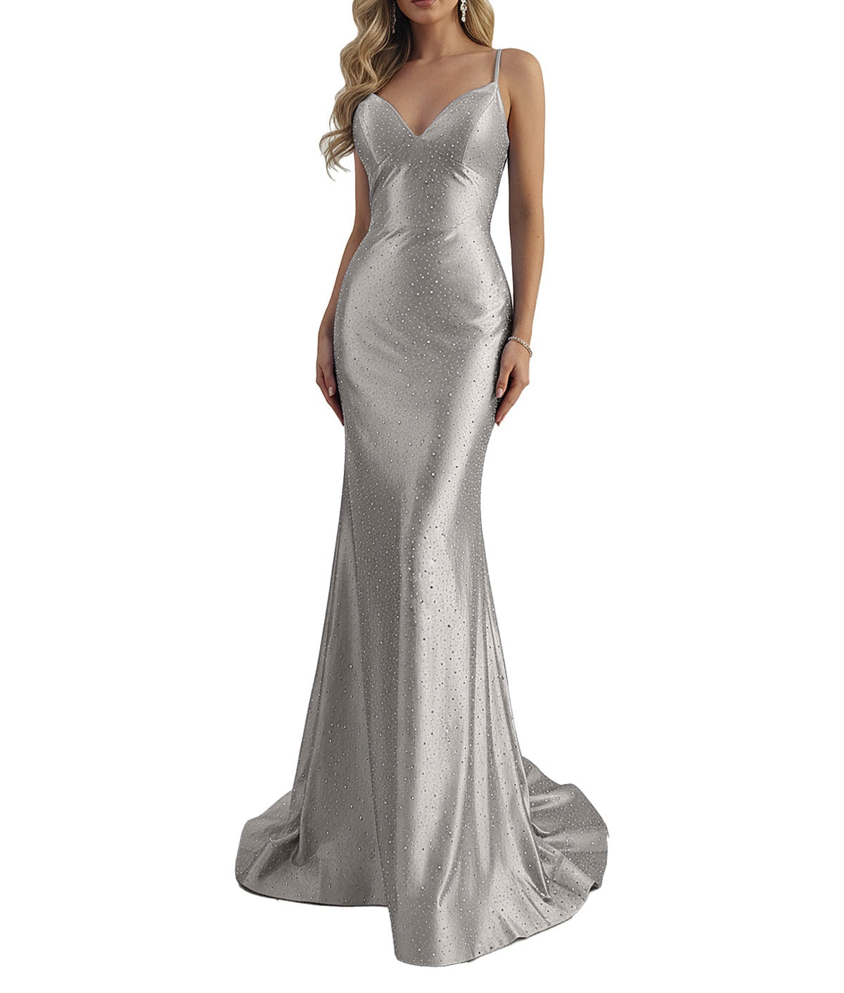 Blue Mermaid Spaghetti Straps V-Neck Rhinestone Long Prom Dress