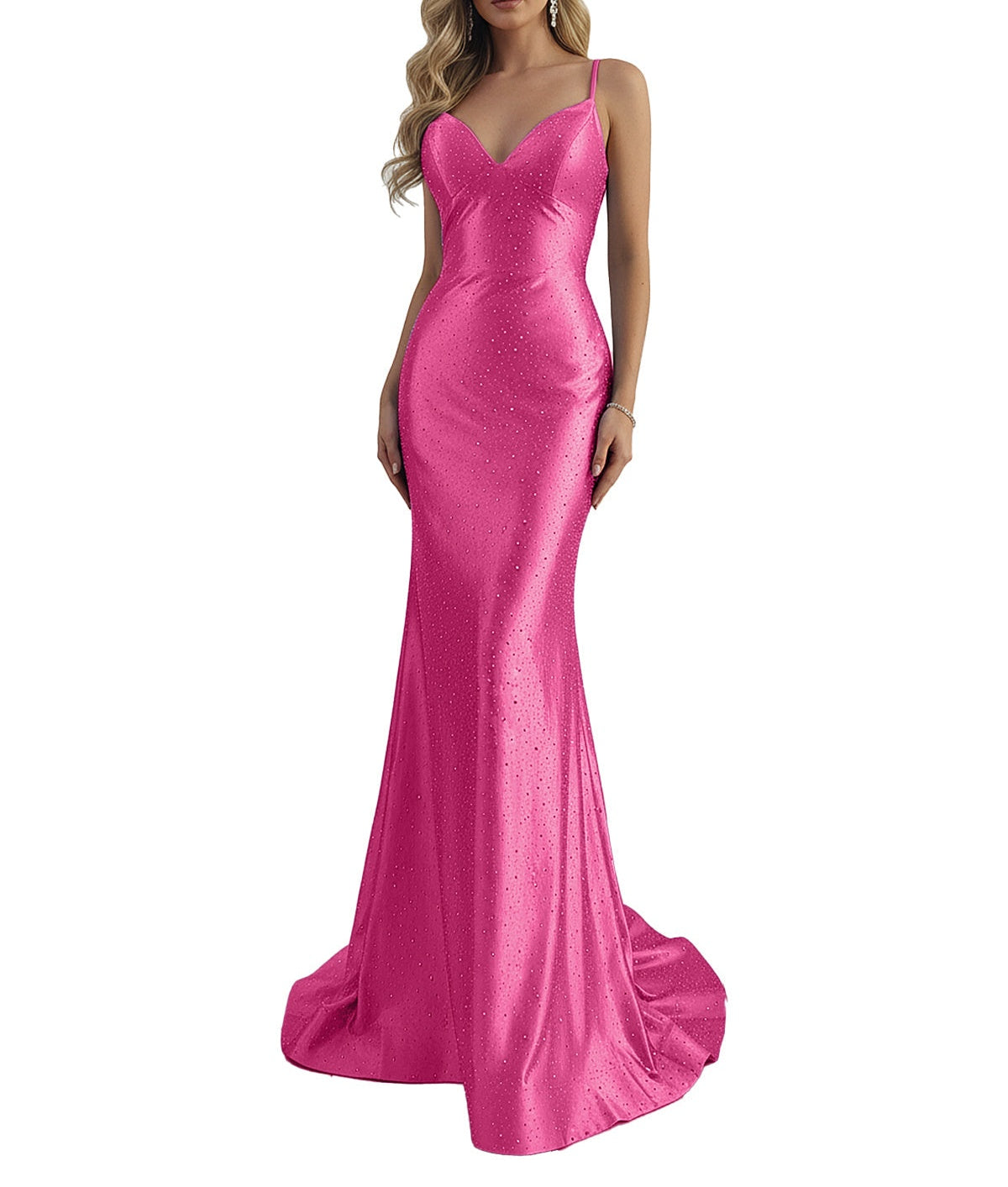 Blue Mermaid Spaghetti Straps V-Neck Rhinestone Long Prom Dress