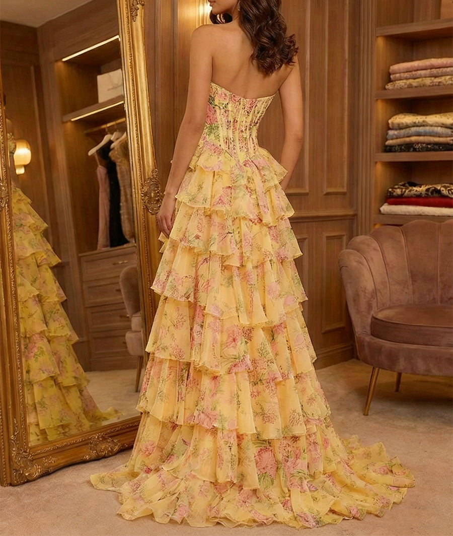 Yellow Floral Print Strapless Tiered Ruffles Corset Prom Dress with Beaded Neckline
