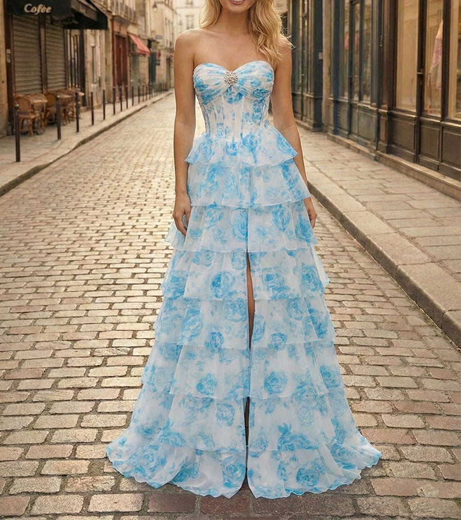 Blue Floral Strapless Tiered Ruffle Corset Long Prom Dress with Slit