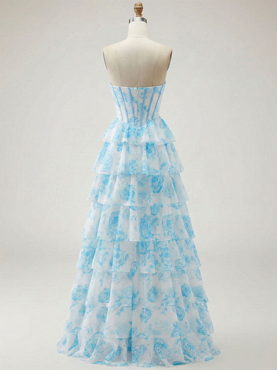 Blue Floral Strapless Tiered Ruffle Corset Long Prom Dress with Slit