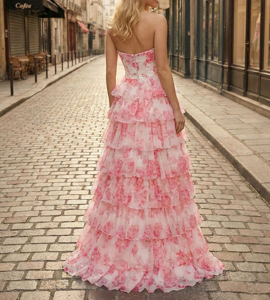 Blue Floral Strapless Tiered Ruffle Corset Long Prom Dress with Slit