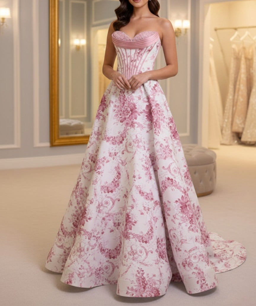 Blue Floral Brocade Contrast Corset Textured Neckline Prom Dress