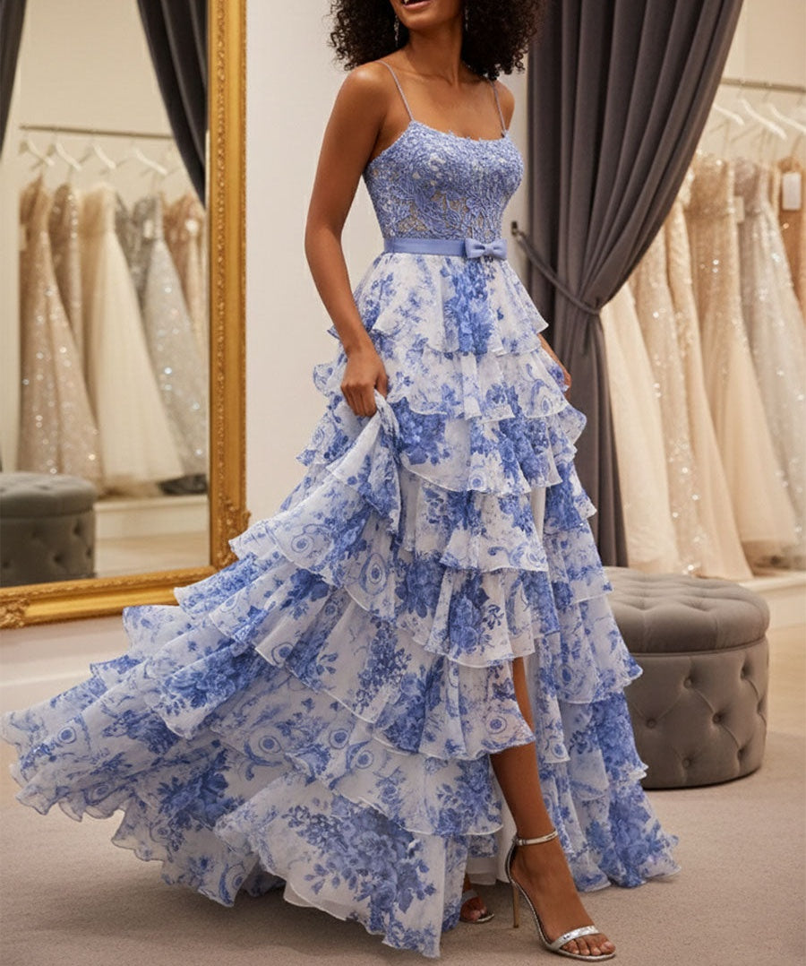 Blue Floral Tiered Ruffles High-Low Prom Dress with Beaded Bodice