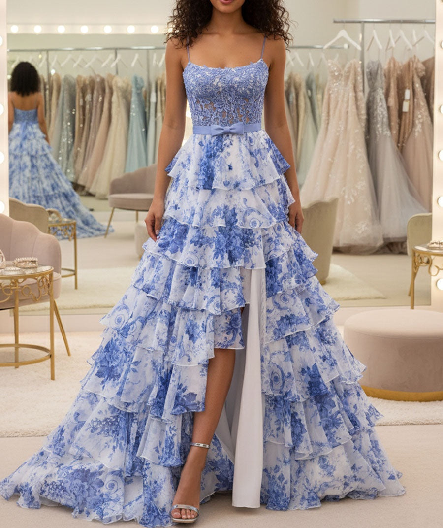 Blue Floral Tiered Ruffles High-Low Prom Dress with Beaded Bodice