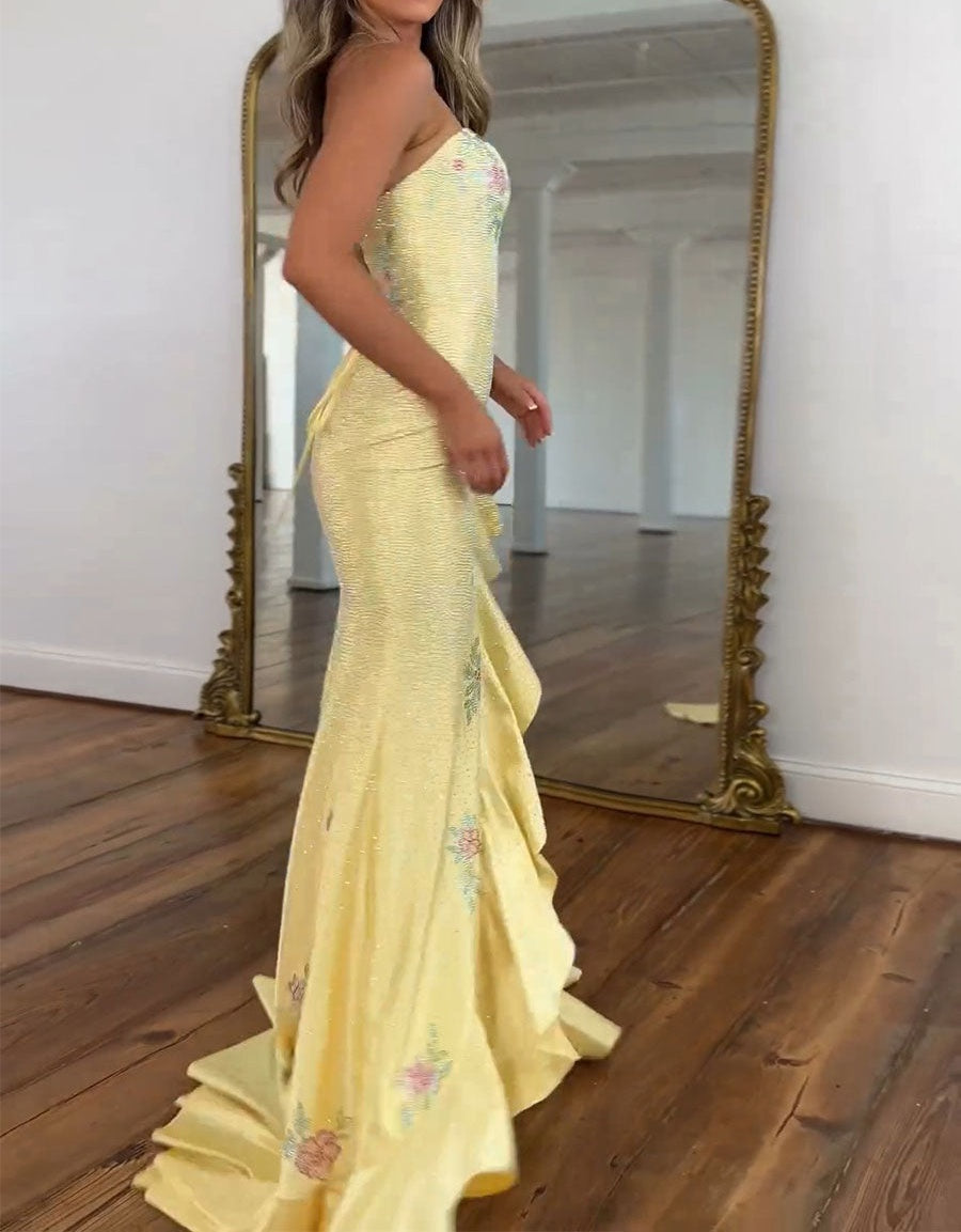 Yellow Strapless Floral Rhinestone Prom Dress with Corset Back