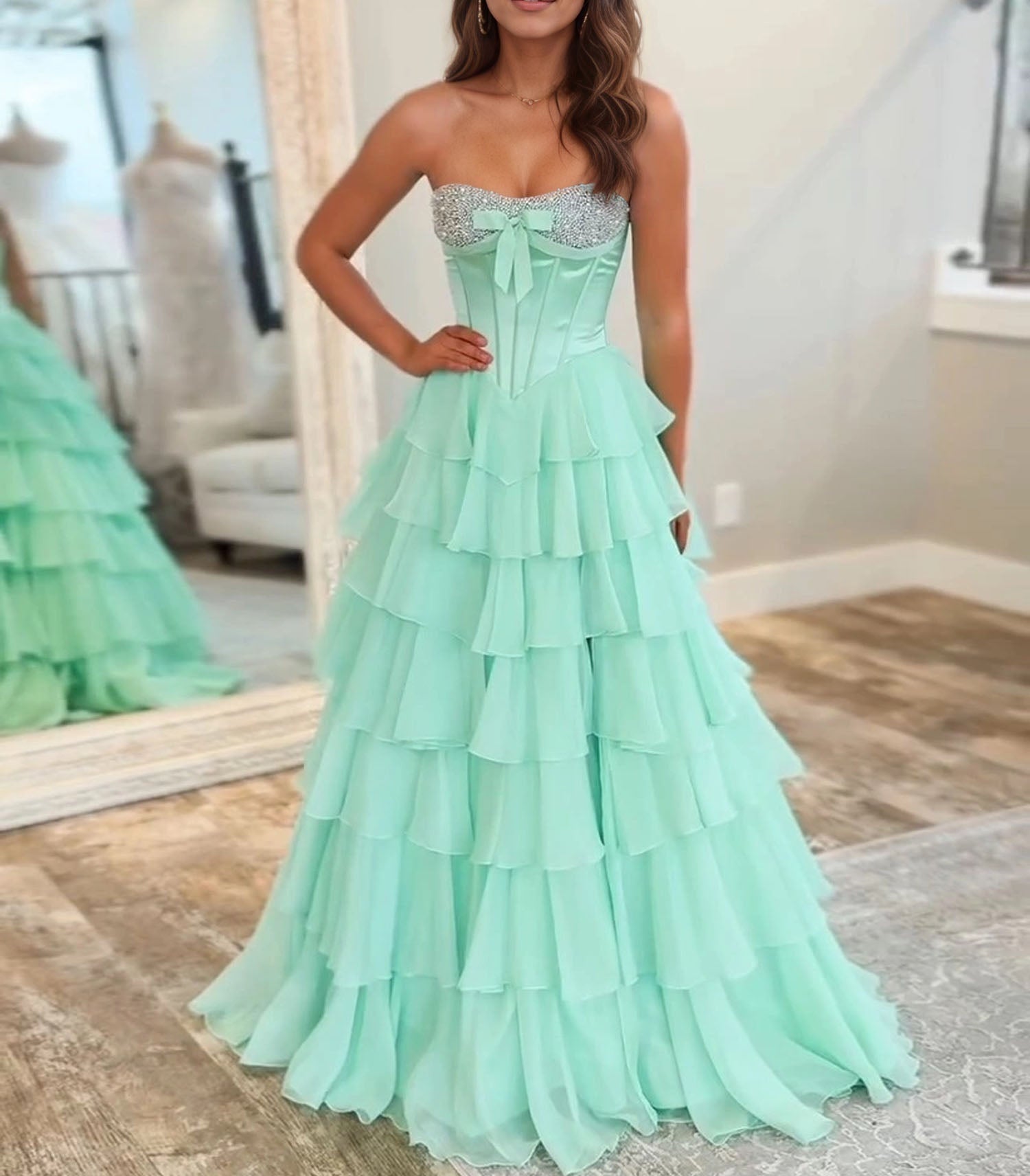 A Line Sweetheart Tiered Chiffon Long Prom Dress with Beading