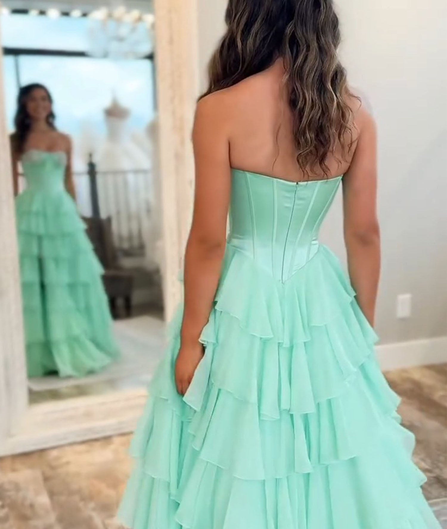 A Line Sweetheart Tiered Chiffon Long Prom Dress with Beading