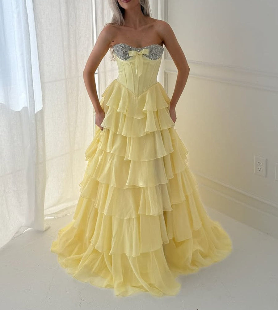 A Line Sweetheart Tiered Chiffon Long Prom Dress with Beading