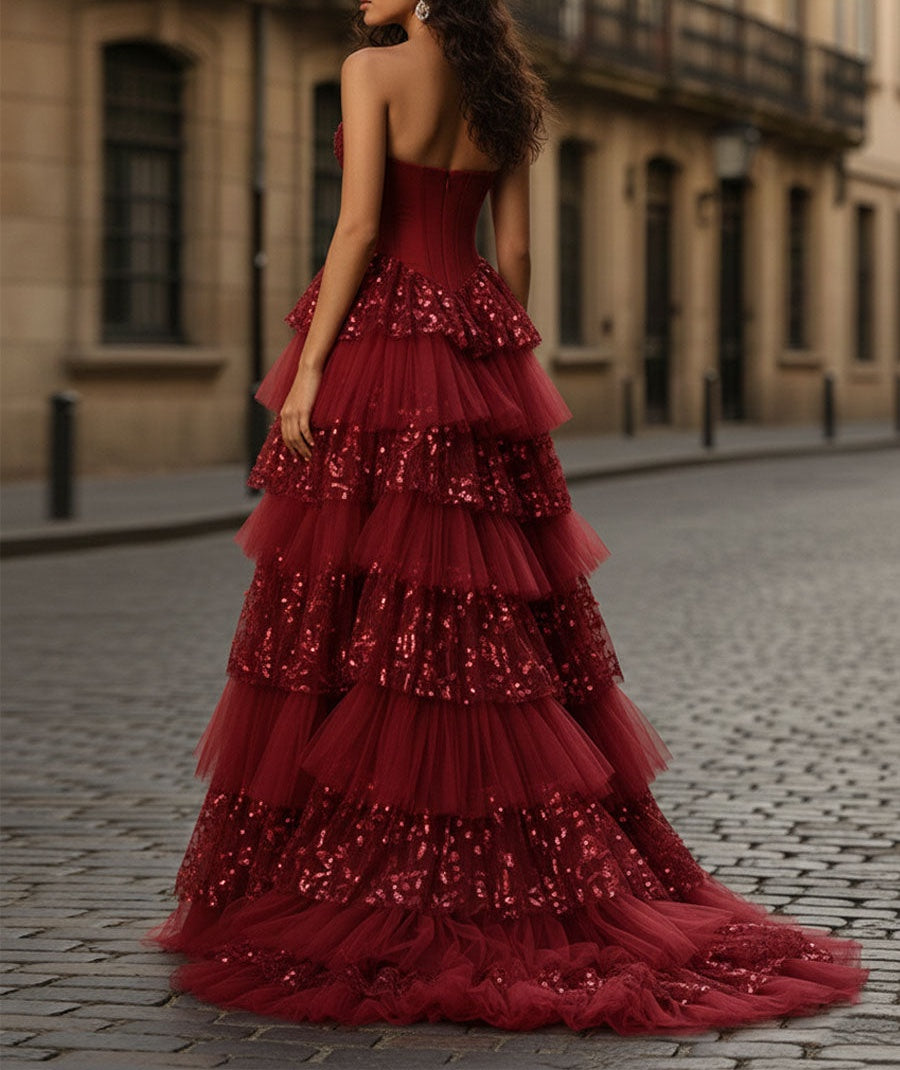Corset Bodice Tiered Long Prom Dress with 3D Floral Appliqués