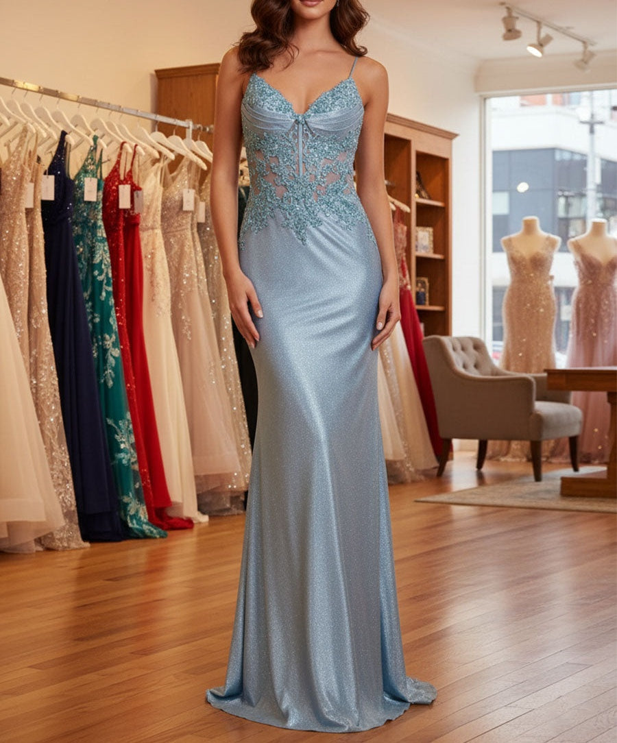 Sparkly Corset Long Prom Dress with Asymmetrical Appliqués