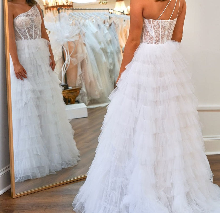 One-Shoulder Sheer Lace Corset Tiered Tulle Prom Dress